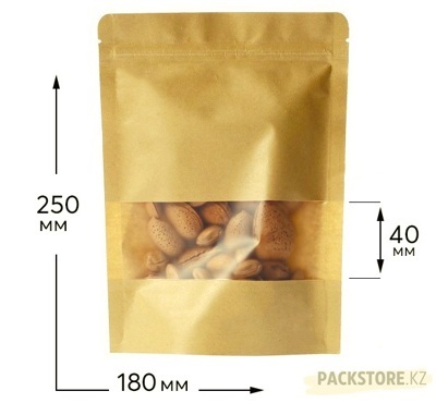 Пакет Дой-пак бумажный крафт 180х250 мм с прозрачным окном 40 мм, с зип-локом