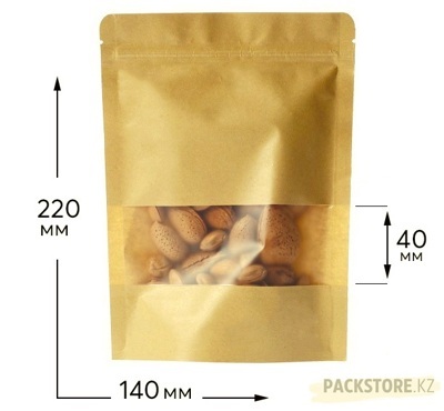 Пакет Дой-пак бумажный крафт 140х220 мм с прозрачным окном 40 мм, с зип-локом