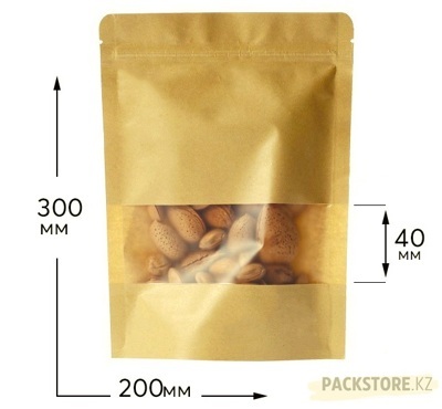 Пакет Дой-пак бумажный крафт 200х300 мм с прозрачным окном 40 мм, с зип-локом